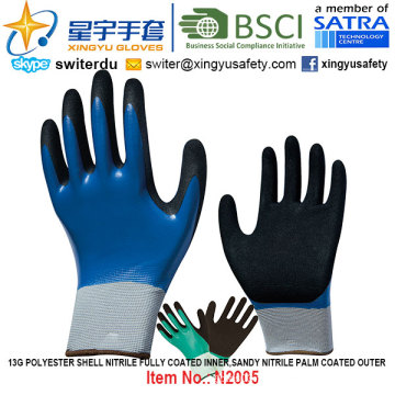 13G Polyester Shell Nitrile Fully Coated Inner, Sandy Nitrile Gants extérieurs recouverts de palmier (N2005) avec CE, En388, En420, Gants de travail